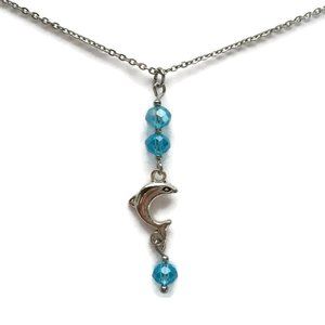 🐬 Dolphin Blue Bead Silver Plated Charm Necklace Stainless Steel Nautical